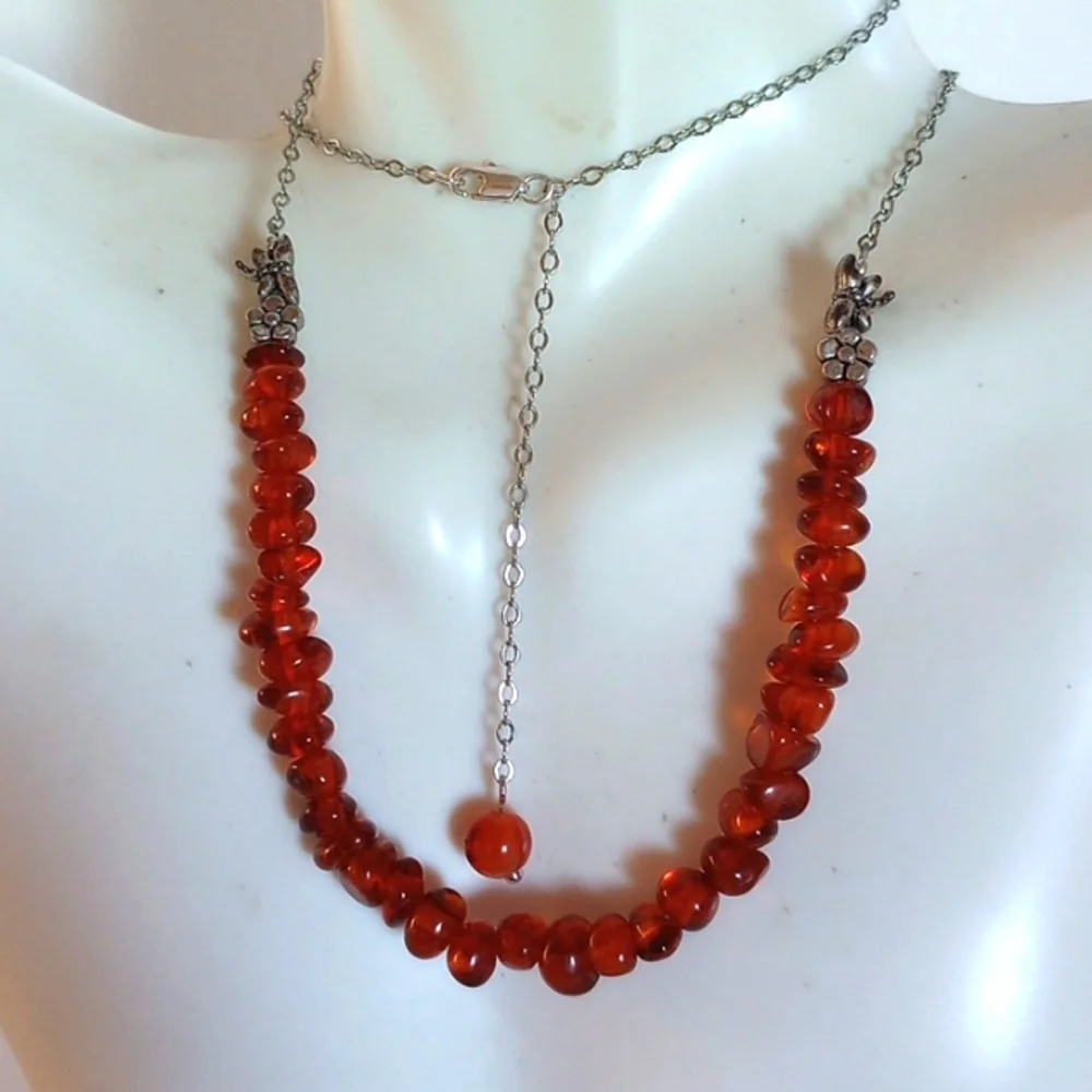 BALTIC AMBER NECKLACE 19 " LONG SILVER PLATED FLOWERS DRAGONFLY - Picture 1 of 6